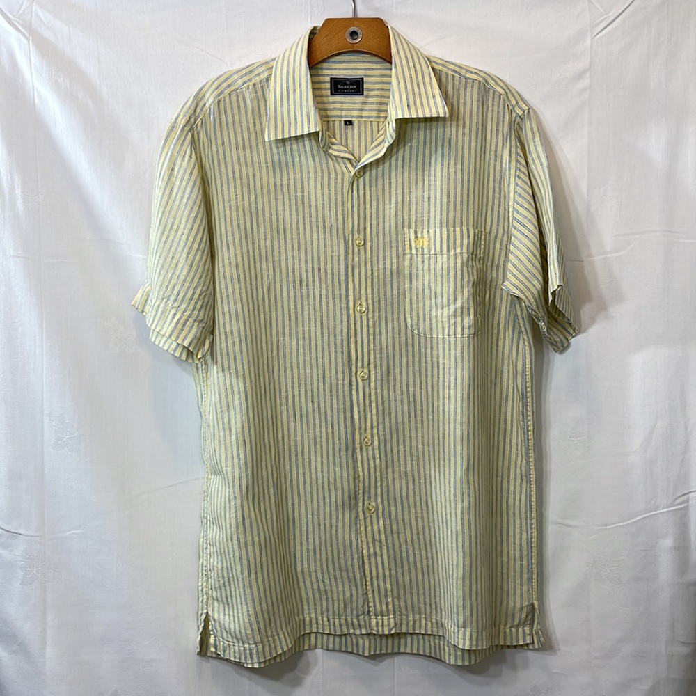 Saville Row Prestige lightweight linen, pale yellow w blue stripe, short sleeves